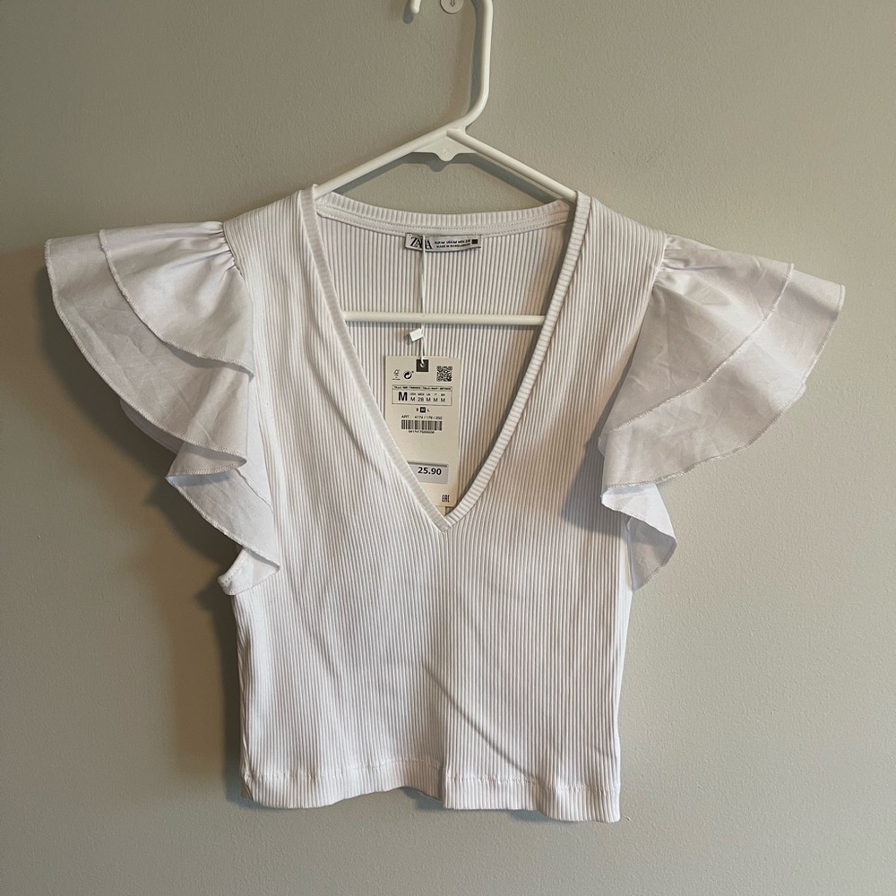 Zara White Ruffled Short Sleeve Top